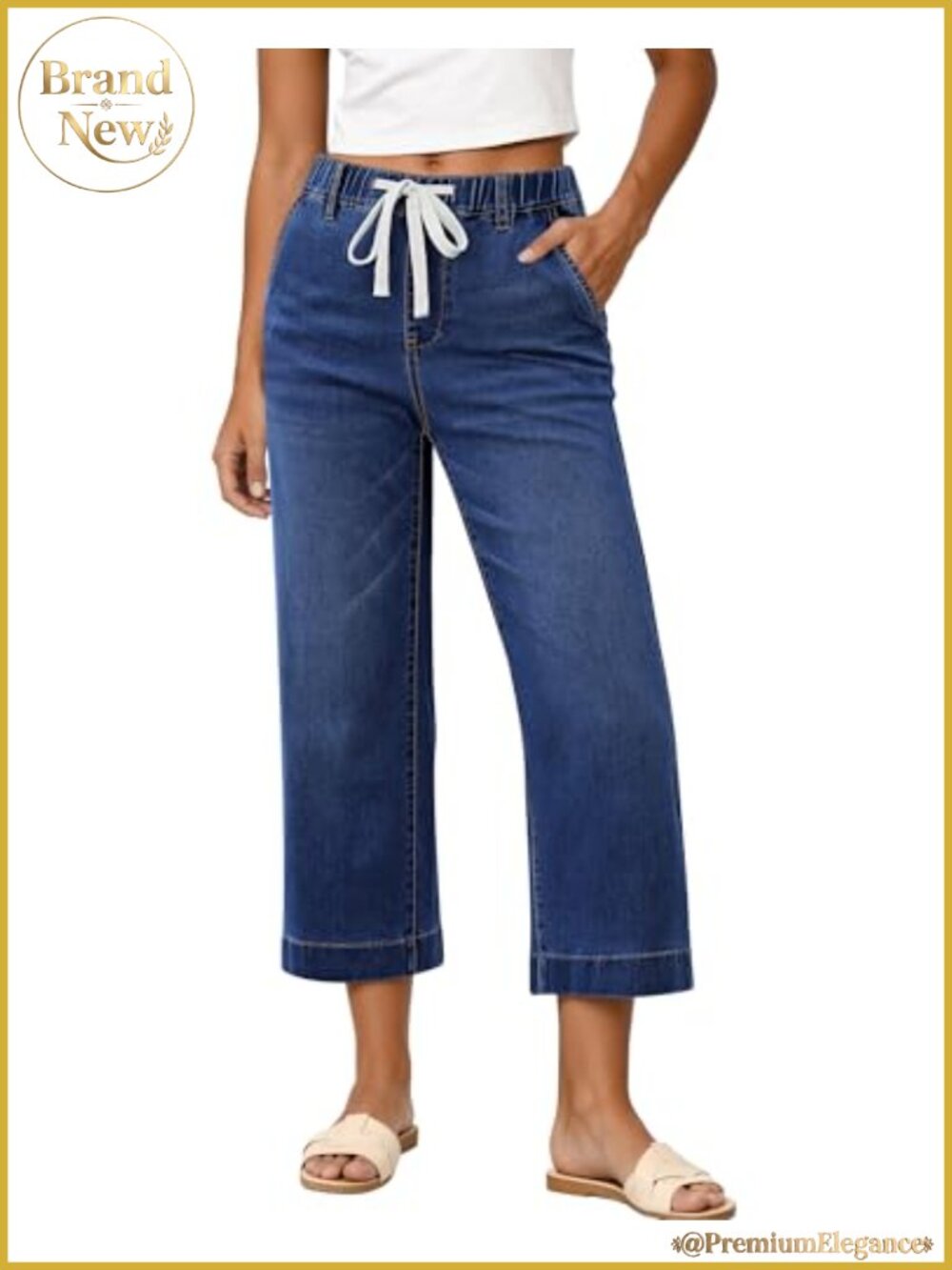 Women High Waist Wide Leg Elastic Pull On Capri Jeans Summer Stretch Denim